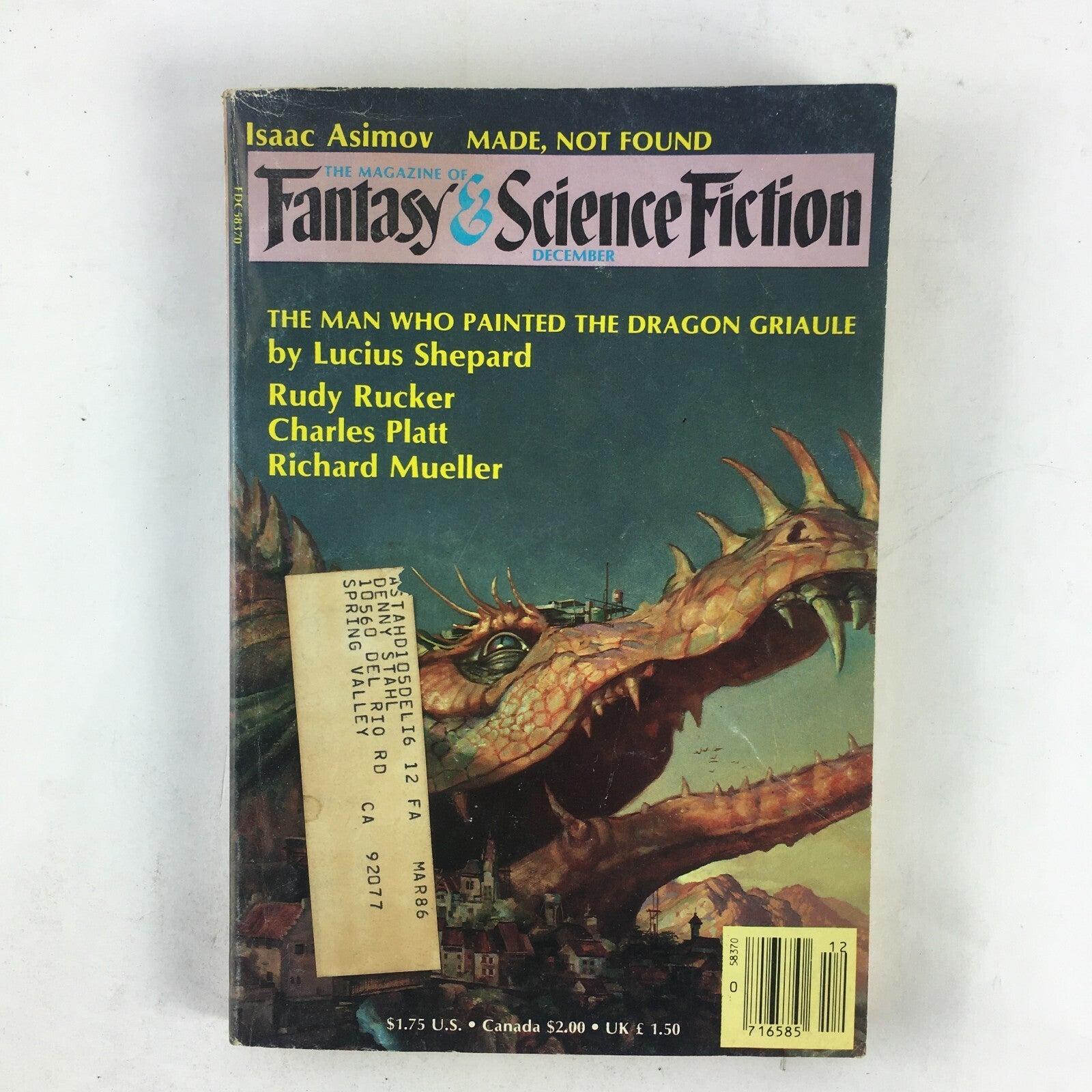 December Fantasy & Science FictionMagazine LuciusShepard RudyRucker CharlesPlatt