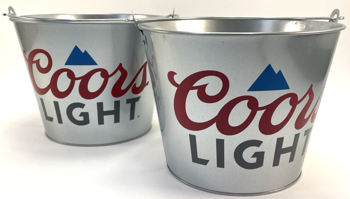 2 x Coors Light Mountains 5 Quart Metal Galvanized Ice Bucket Gray Old Label