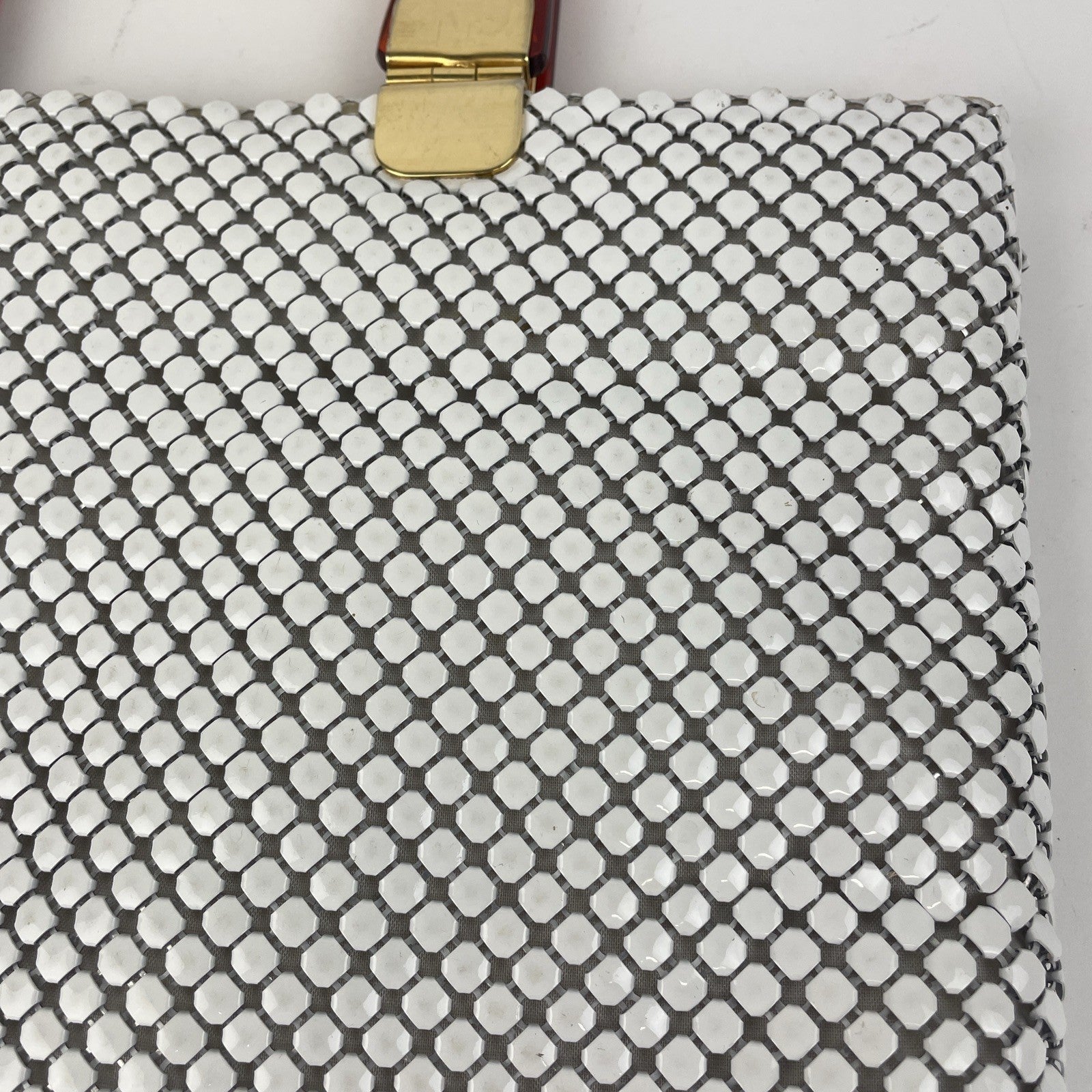 Vintage White Aluminum Metal Mesh Purse W/ Lucite Amber Handles Magnetic Closure