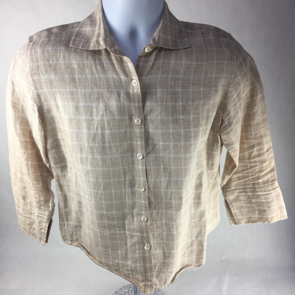 Faconnable Mens Button Front Shirt Beige Checks Round Hem Long Sleeves Linen S