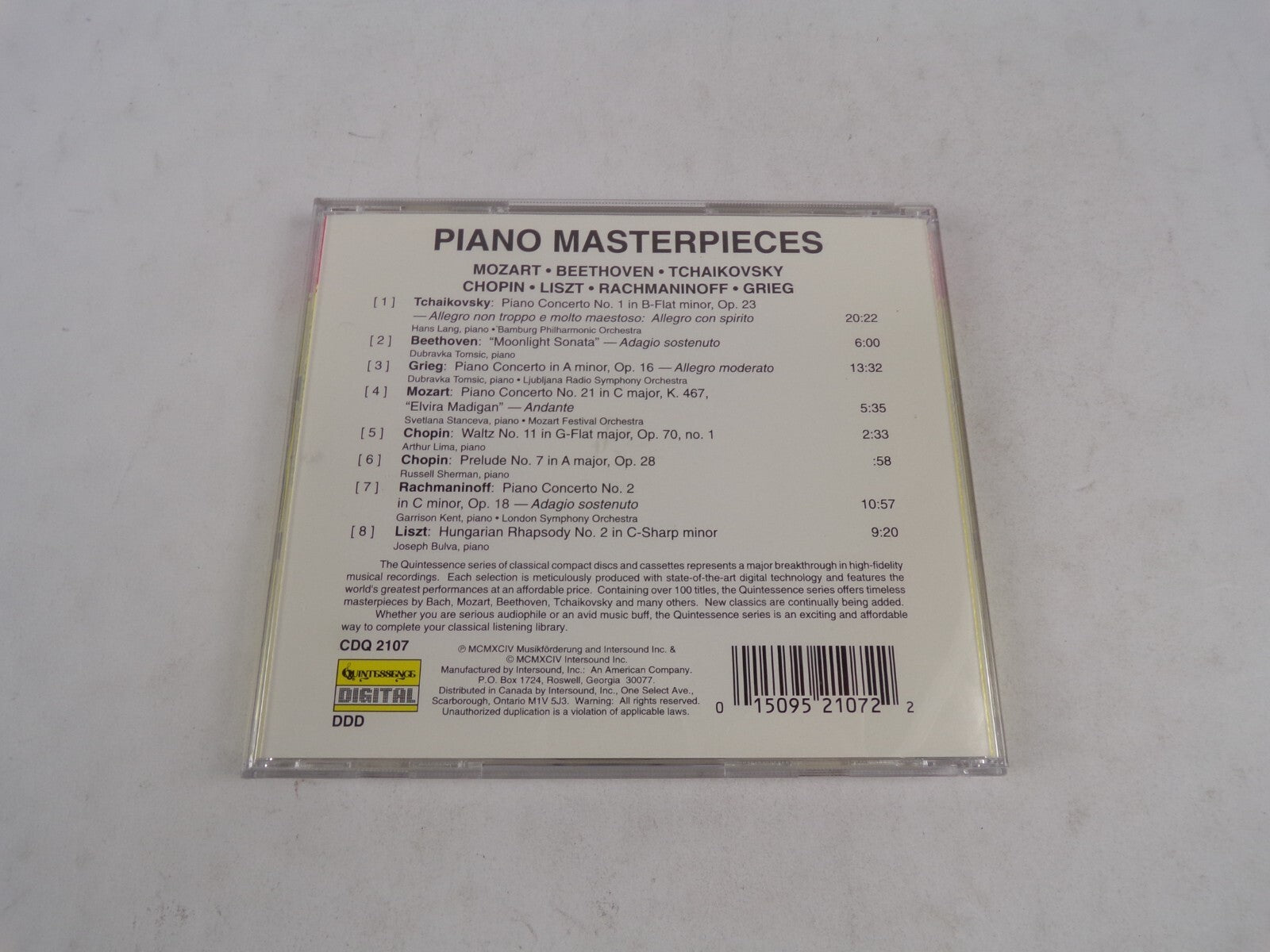 Piano Masterpieces Mozart Bethoven Tchaikovsky Chopin Liszt Rachmaninoff CD#58