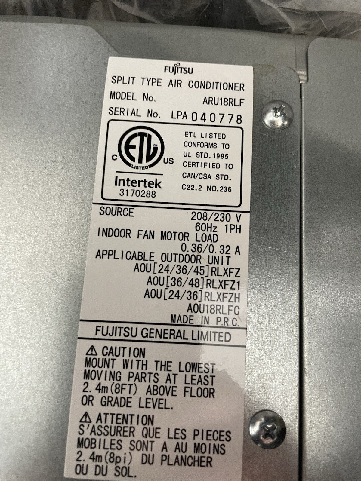 18,000 BTU Single OR Multi Zone Concealed Duct Air Handler Fujitsu ARU18RLF