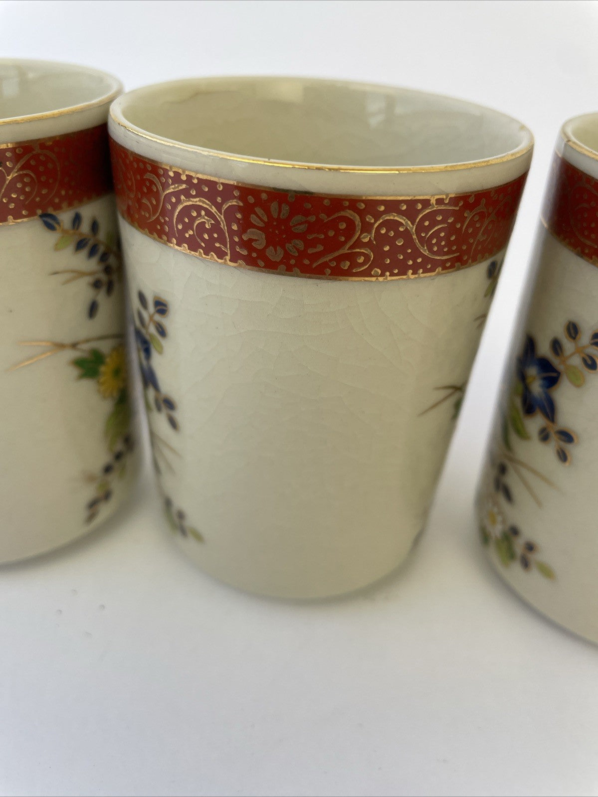4 x Satsuma Japan Saki Crackled Teacup Hand Painted Floral Design 3.25" x 2.5"