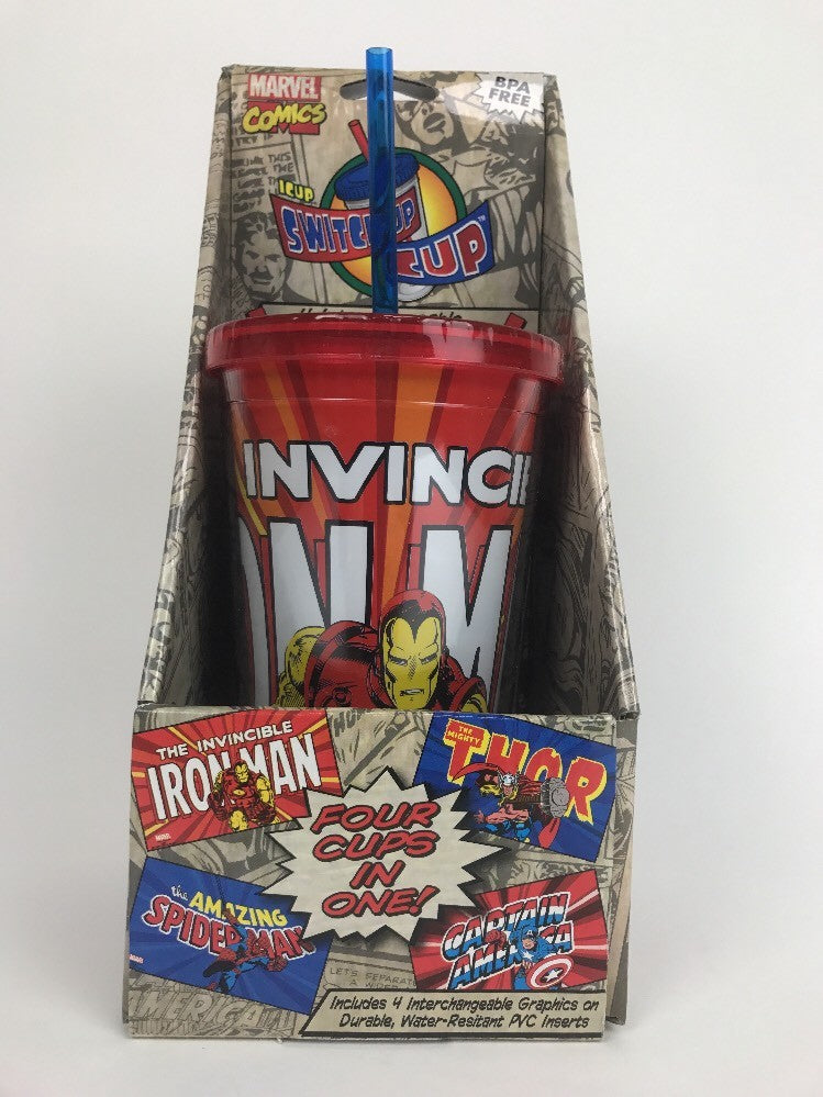 4 Marvel Comics Cups In One! Tall Plastic Drinking Cup W Straw - Rare Item ICUP