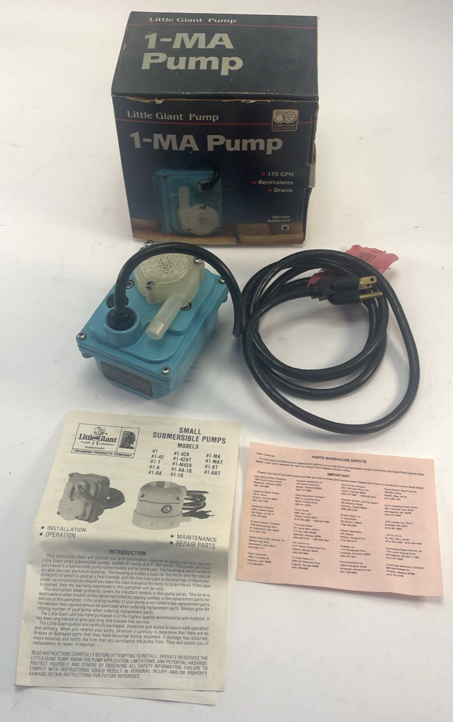 Little Giant Pump 521204 Recirculating Stationary Fountain Pump 1-MA 170GPH  VGC