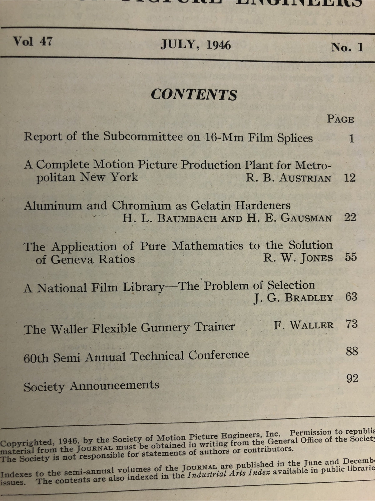 SMPE Journal Of The Society Of Motion Picture Engineers July 1946 VOL 47 No 1