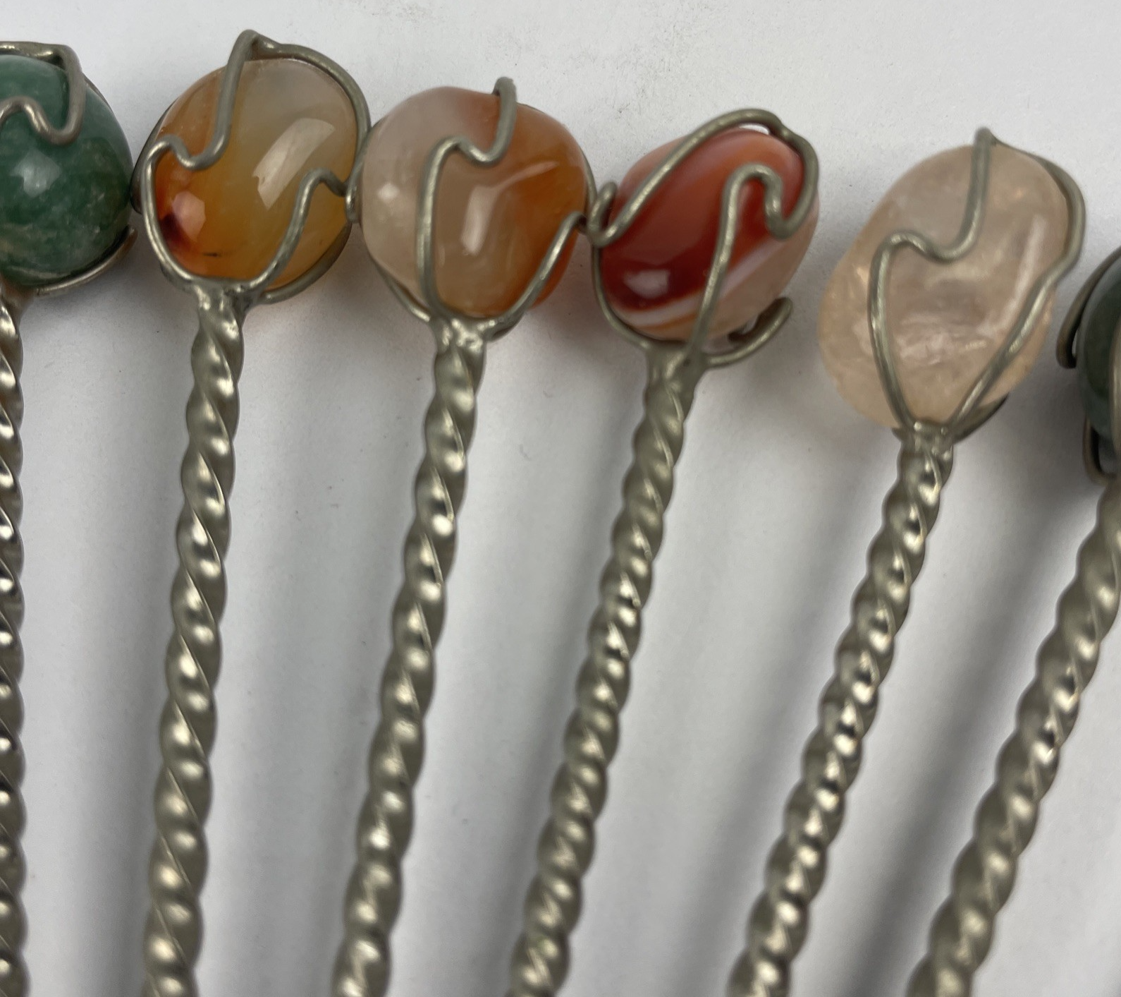 Vintage POLISHED AGATE TOP SET OF 9 SILVERPLATE Party HORS D'OEUVRE PICS 4"