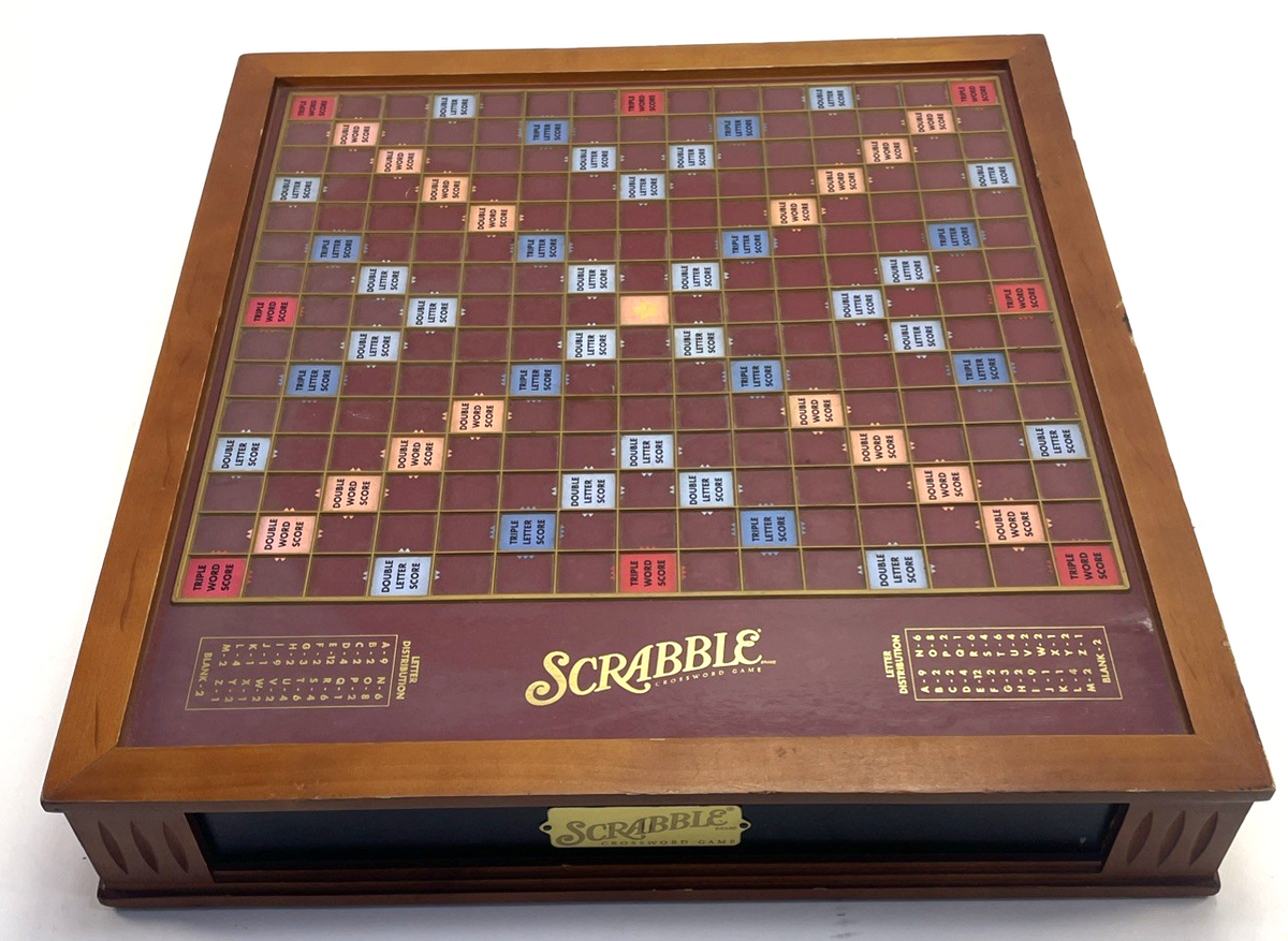 Scrabble Rotating Premier Wood Luxury Edition Crossword Board Game Complete VGC
