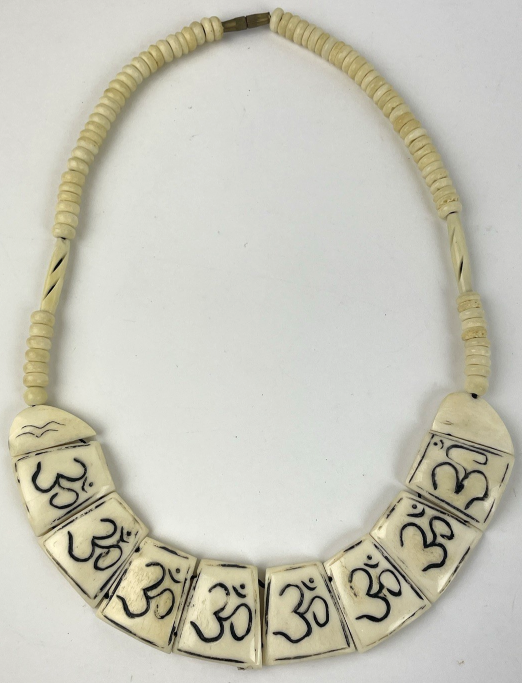 Tibetan Yak Bone Hand Carved Boho Om Necklace Vintage Jewelry Brass Screw Clasp