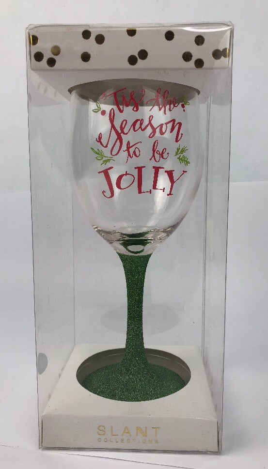 Slant Collection 13.5oz Holiday Wine Glass Christmas Tis The Season Green Nice