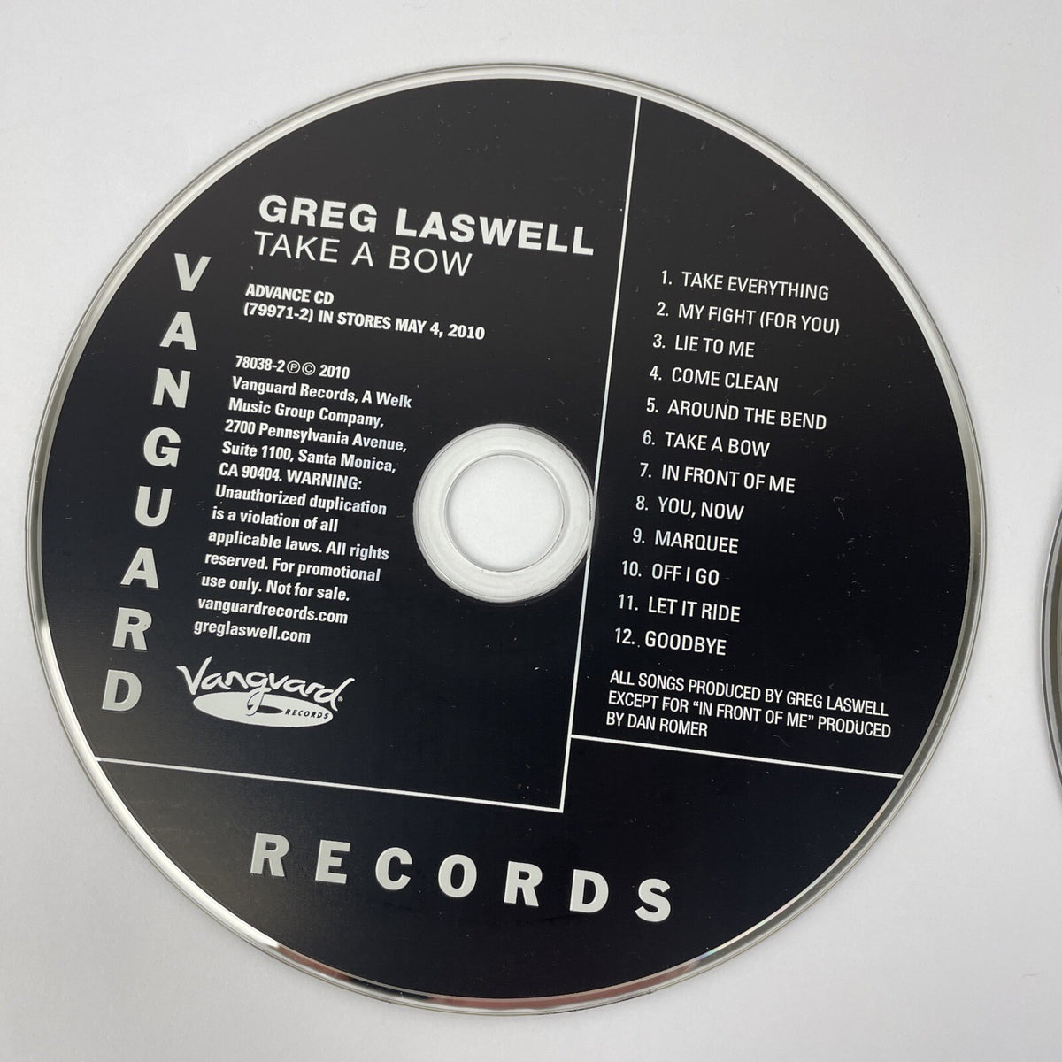 2 x Greg Laswell Audio CDs - Through Toledo, 2006 - Take A Bow, 2010 Vanguard