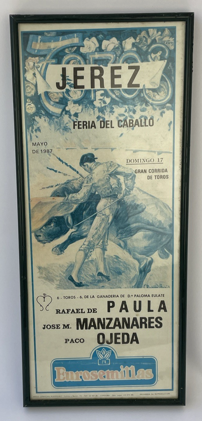 JEREZ Feria Del Caballo SPAIN Bullfighting Framed Vintage Poster 1987 19" x 8"