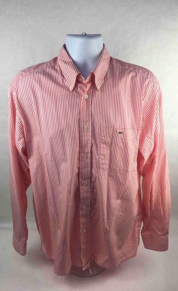 Lacoste Mens Button Down Shirt White Coral Striped Long Cuffed Sleeves Pocket 22