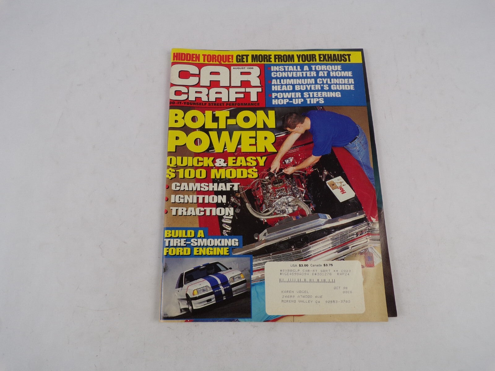 August 1996 Car Craft Bolt-On Power Quick & Easy $ 100 Mods Build A Tire-Smoking