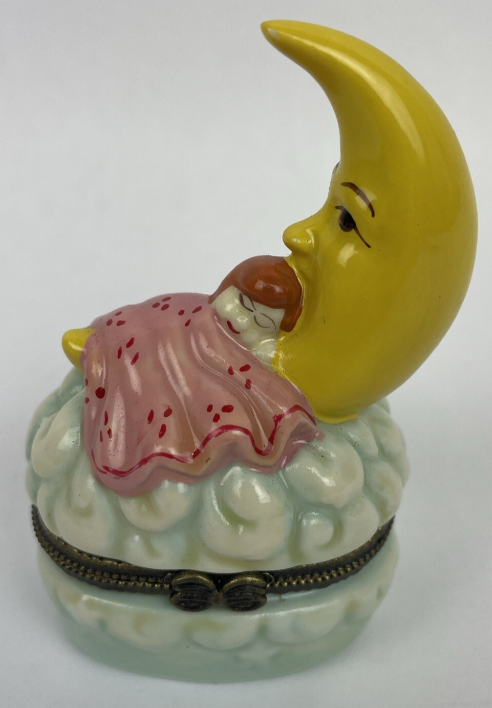 Vintage Nationalfun Moon & Baby Hinged Ring Trinket Jewelry Box w Pacifier