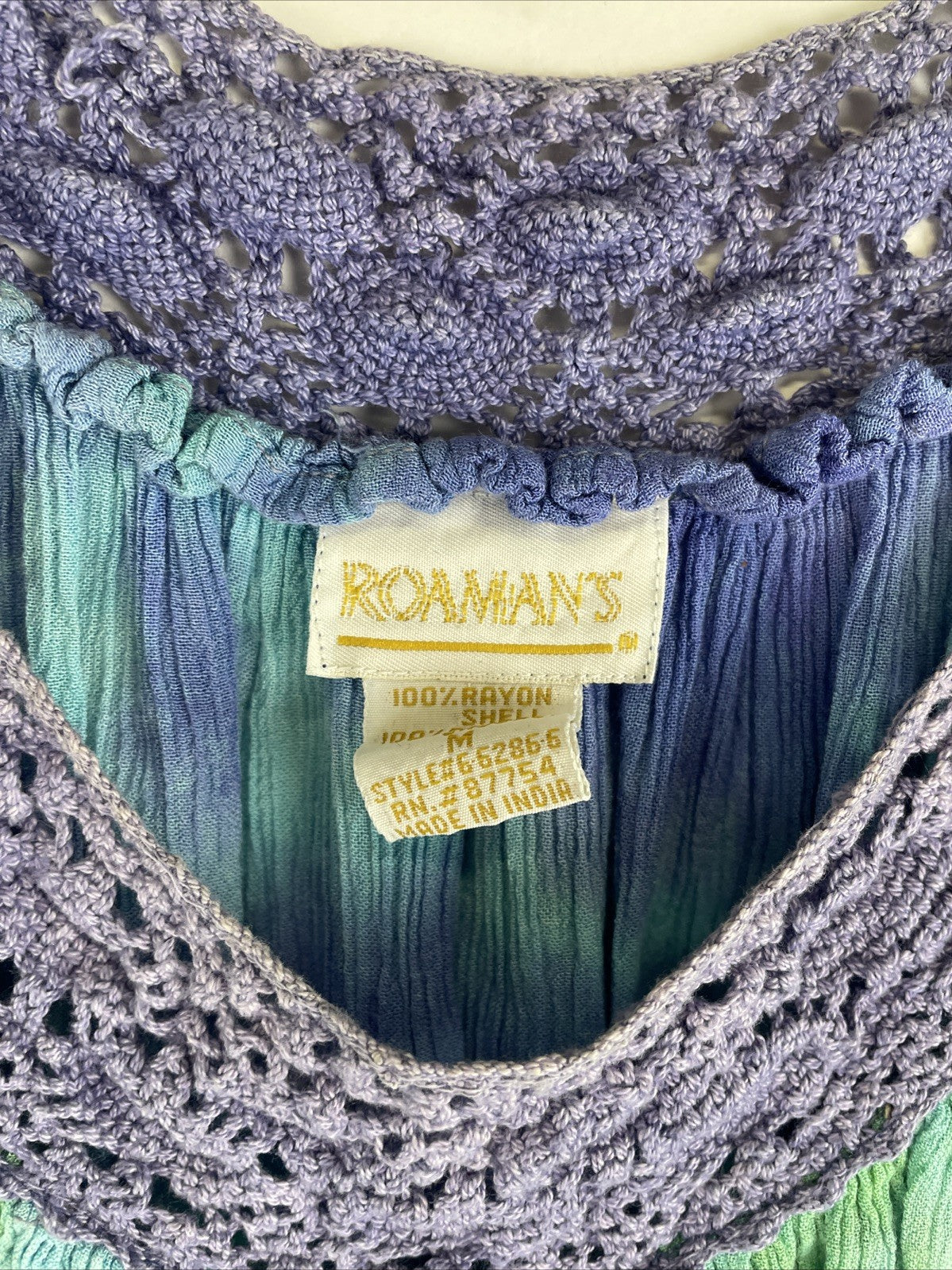 Roaman's Tops Women's Purple Green Tye-Dye Blouse top w Crochet Neckline Sz Med