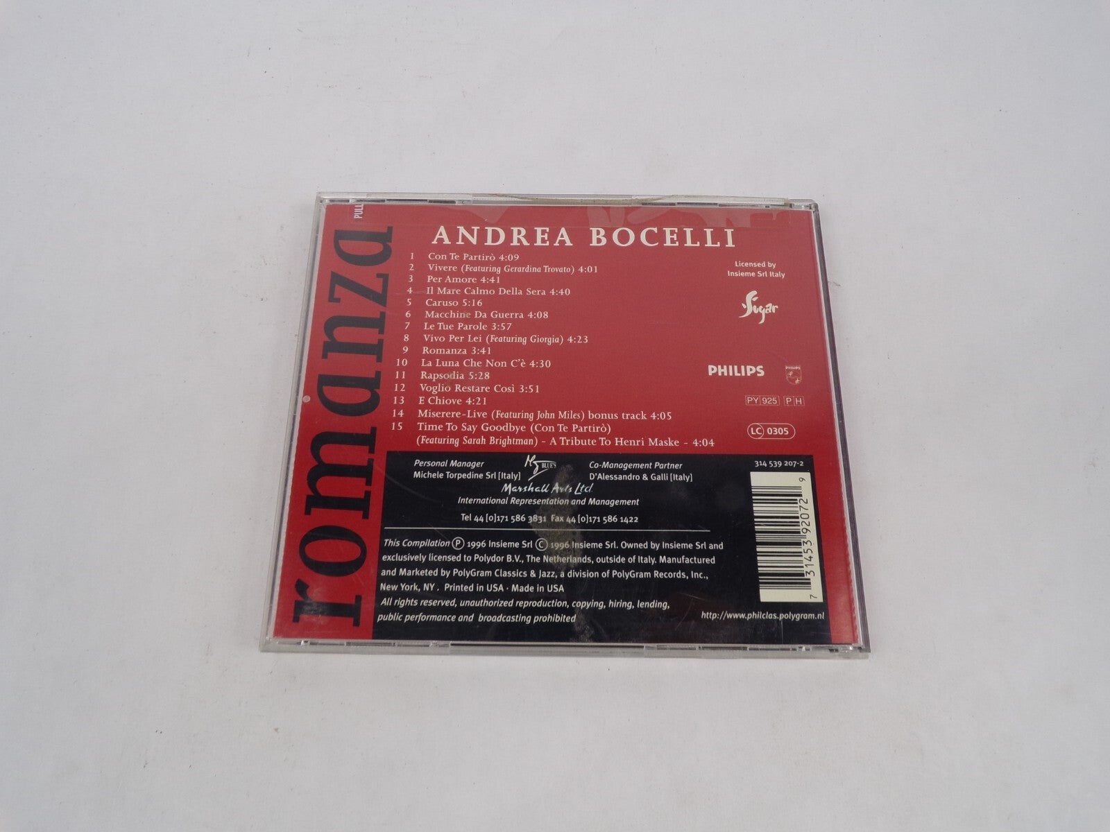 Romanza Andrea Bocelli Con Te Patiro Per Amore Le Tue Parole e Chiove CD#63