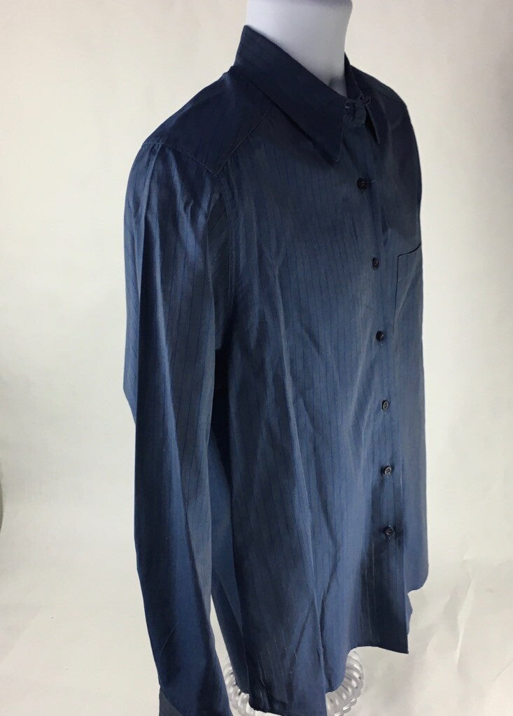 Fil A Fil Mens Button Front Shirt Blue Striped Long Sleeve Pocket 100% Cotton 38