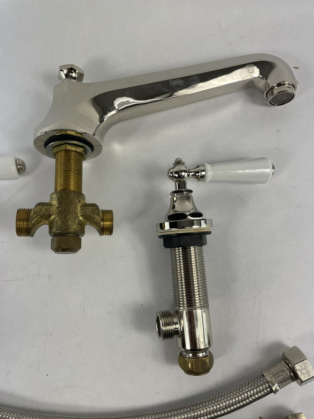Kallista Tuxedo Lav Basin Faucet Roman Tub Set WHITE Handles Nickel POLISHED