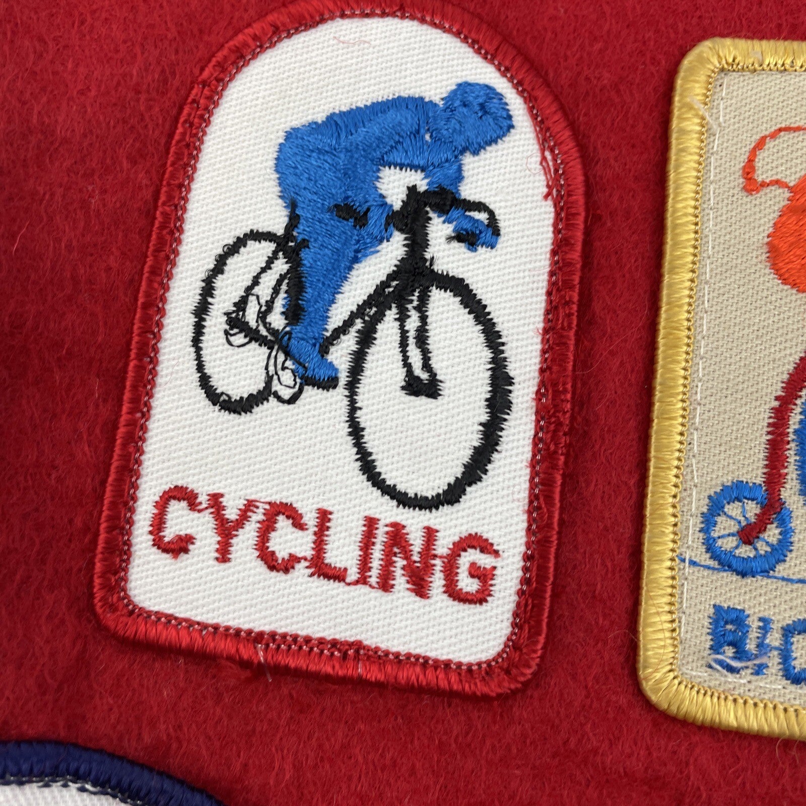 Vintage 1980's Red Felt Boy Scout Vest With 7 Patches 89 Olympics Pinewood Derby