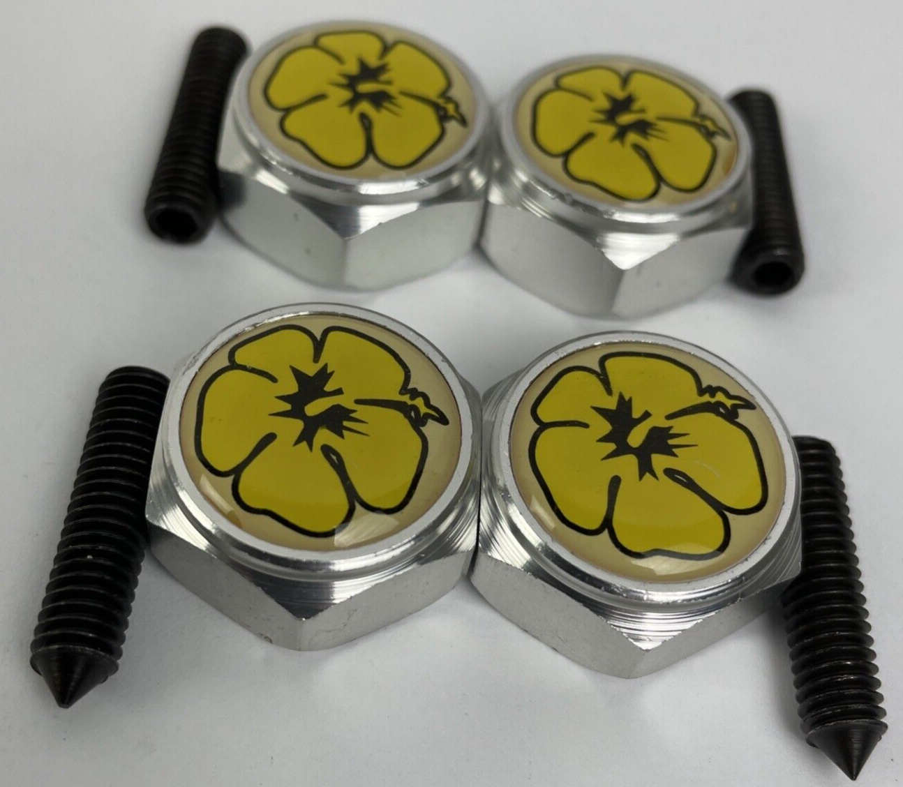 4 Yellow FLOWER License Plate Frame BOLTS Screws Caps CAR TRUCK SUV BOAT RV