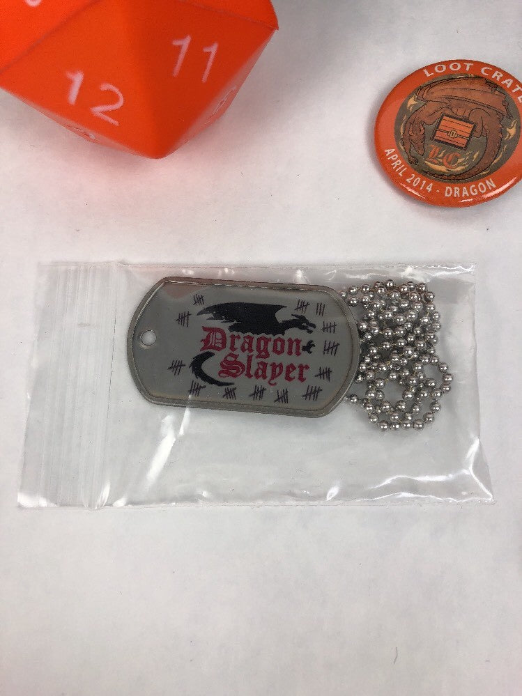 Dragon Slayer Dog Tags LOOTCRATE Aprl 2014 Bundle Pin Jerkey Screen Cleaner Dice
