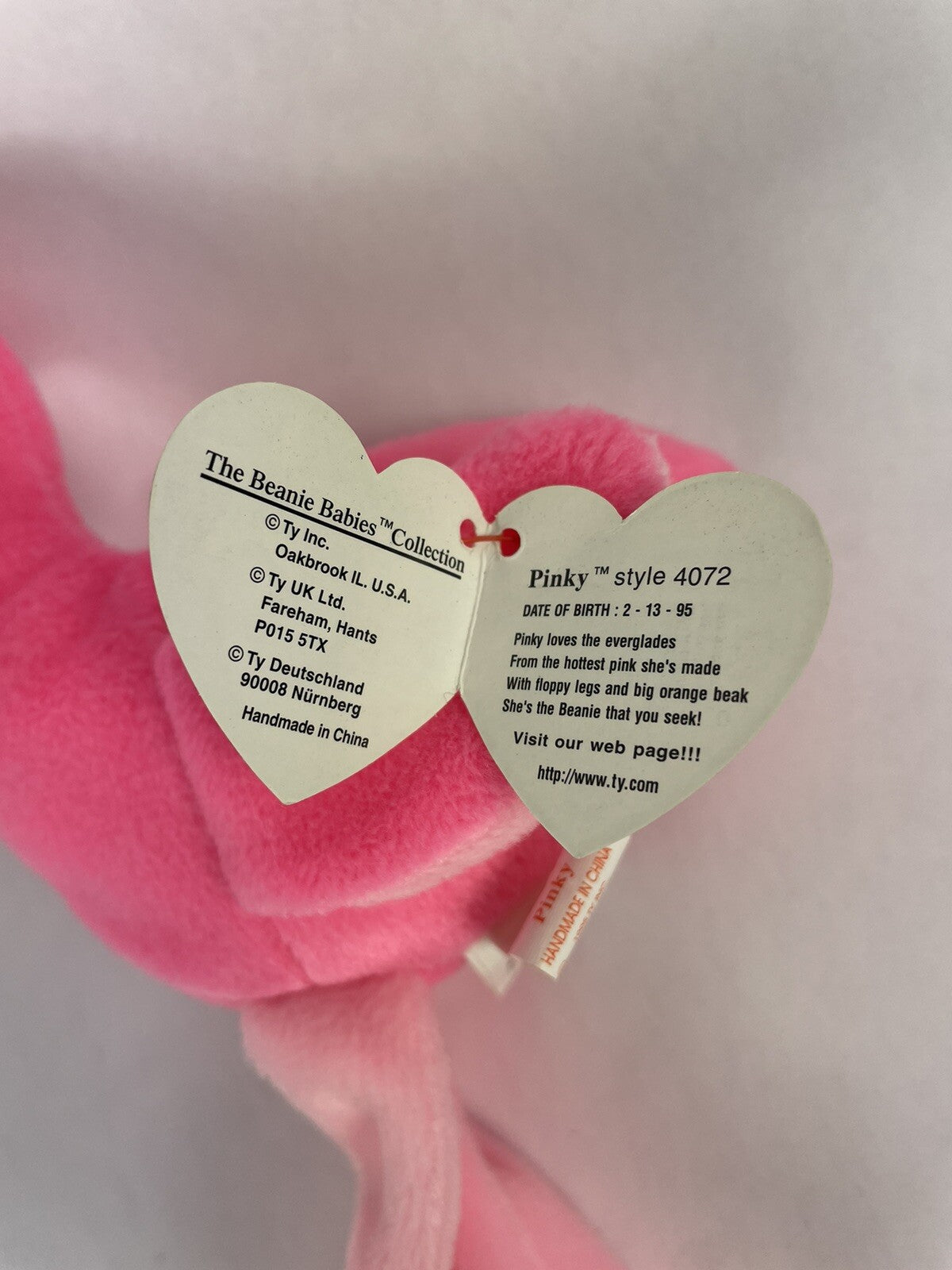 TY 1995 Pinky the Pink Flamingo Beanie Baby w/ Tag Collectible Plush Stuffed Vtg