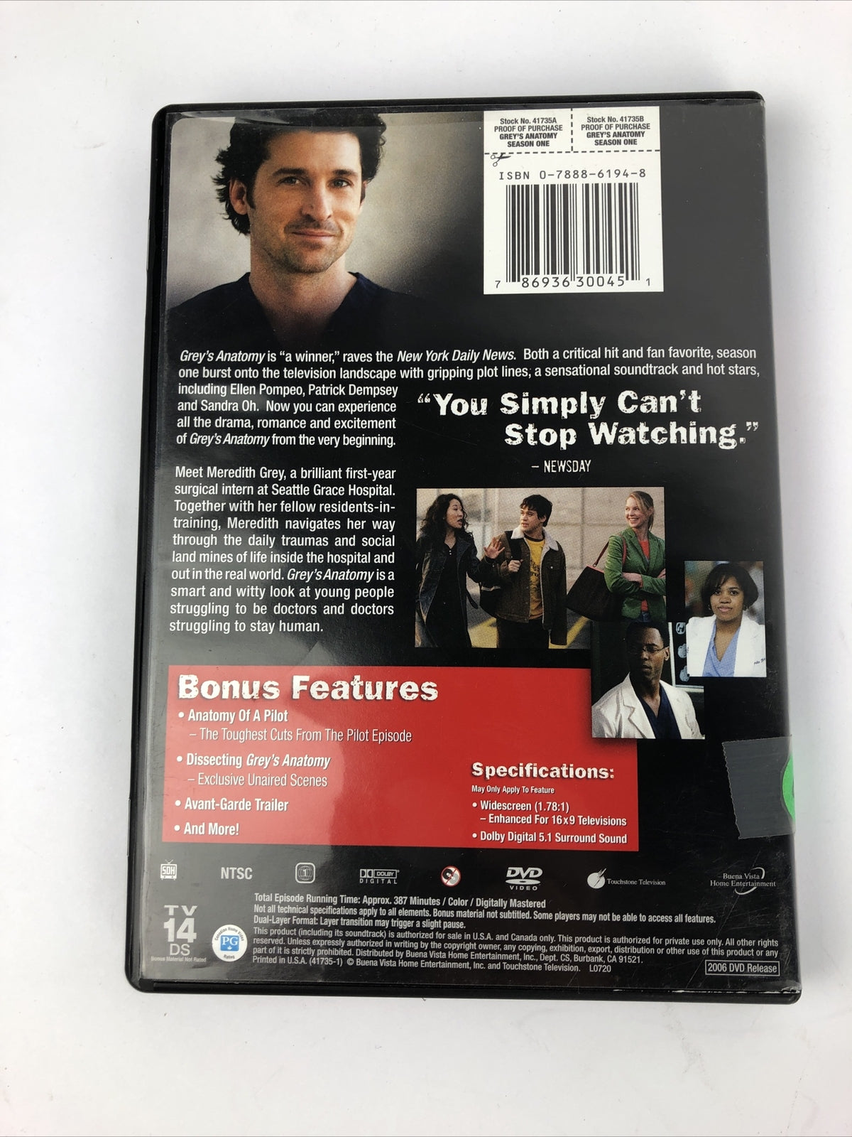 Greys Anatomy - Season 1 (DVD, 2006, 2-Disc Set) - Fast Free Shipping - Mint