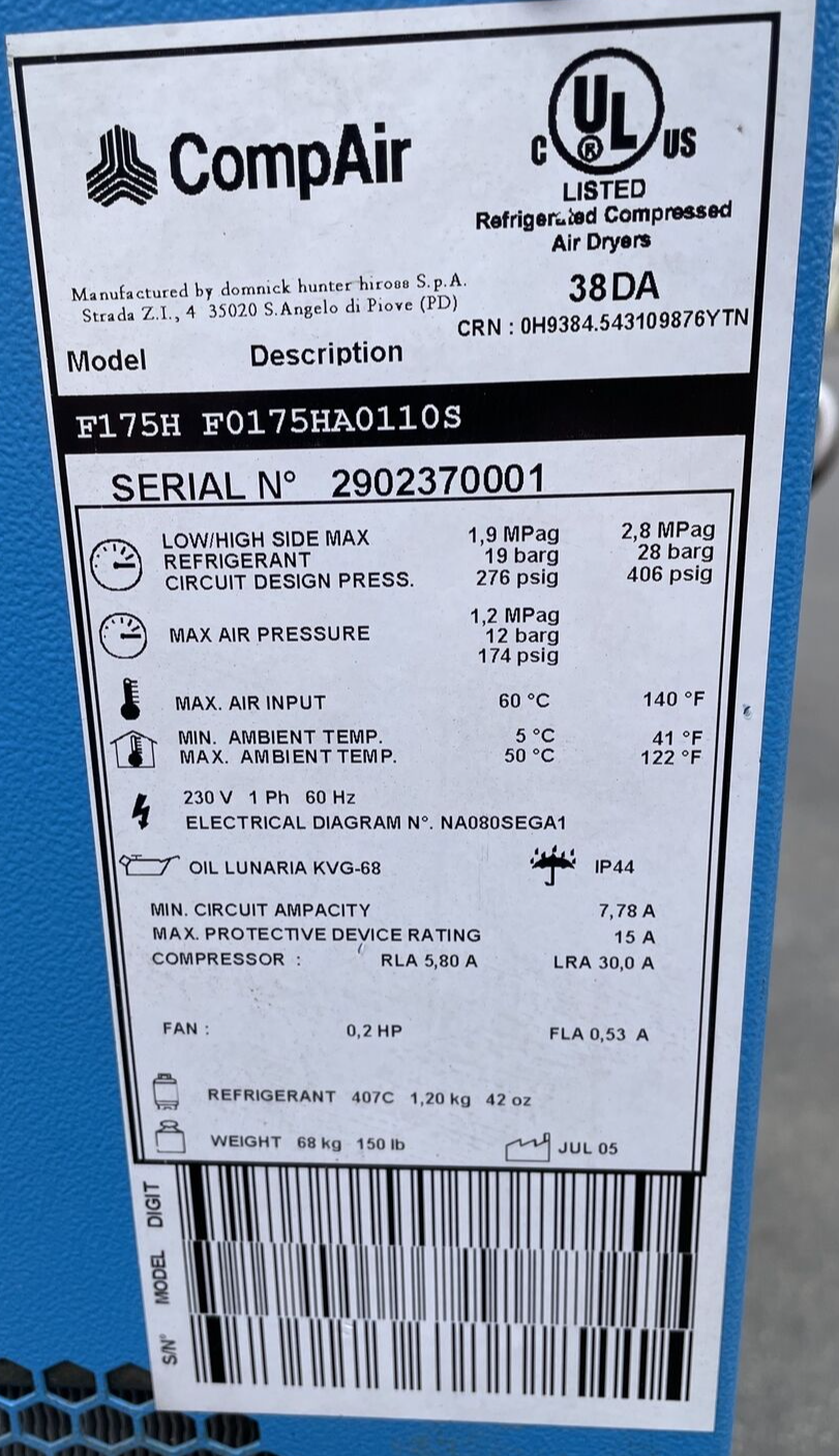 Compair F175H F0175HA0110S Refrigerated Compressed Air Dryer 38DA - SEE IMAGES