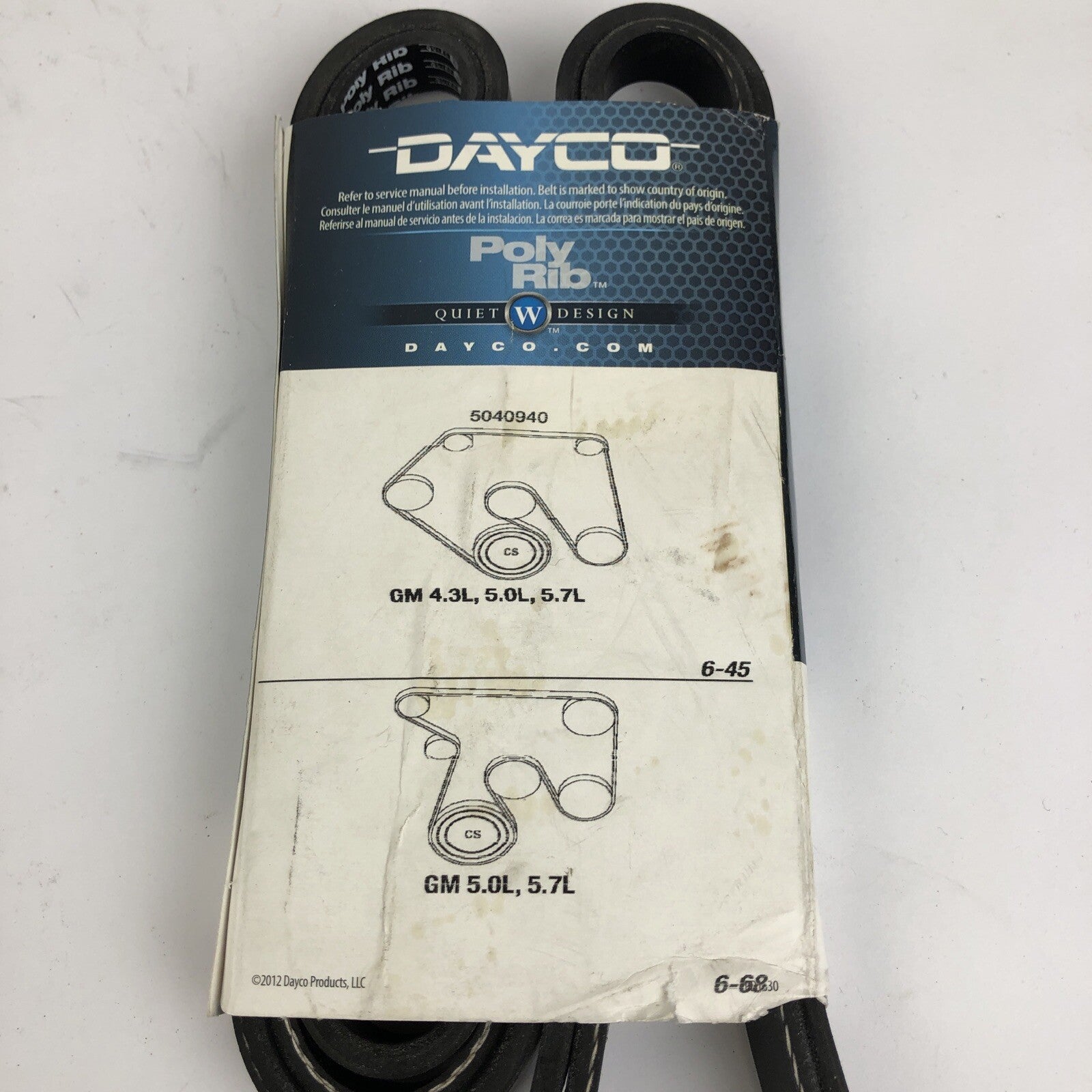 Dayco 5040940 4PK2390 serpentine v-ribbed belt OEM replacement automotive engine accessory drive belt VIN K