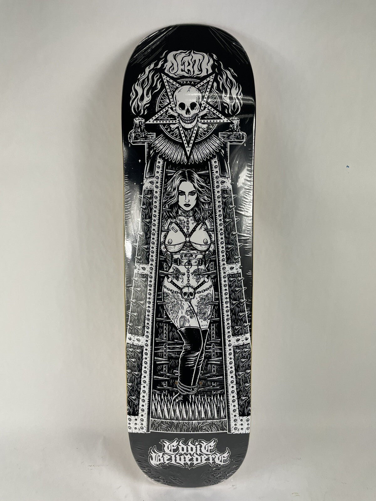 Death Skateboards Eddie Belvedere Maiden Pro 8.25-inch skateboard deck with Tapered Square FA Nose and signature Maiden graphic.