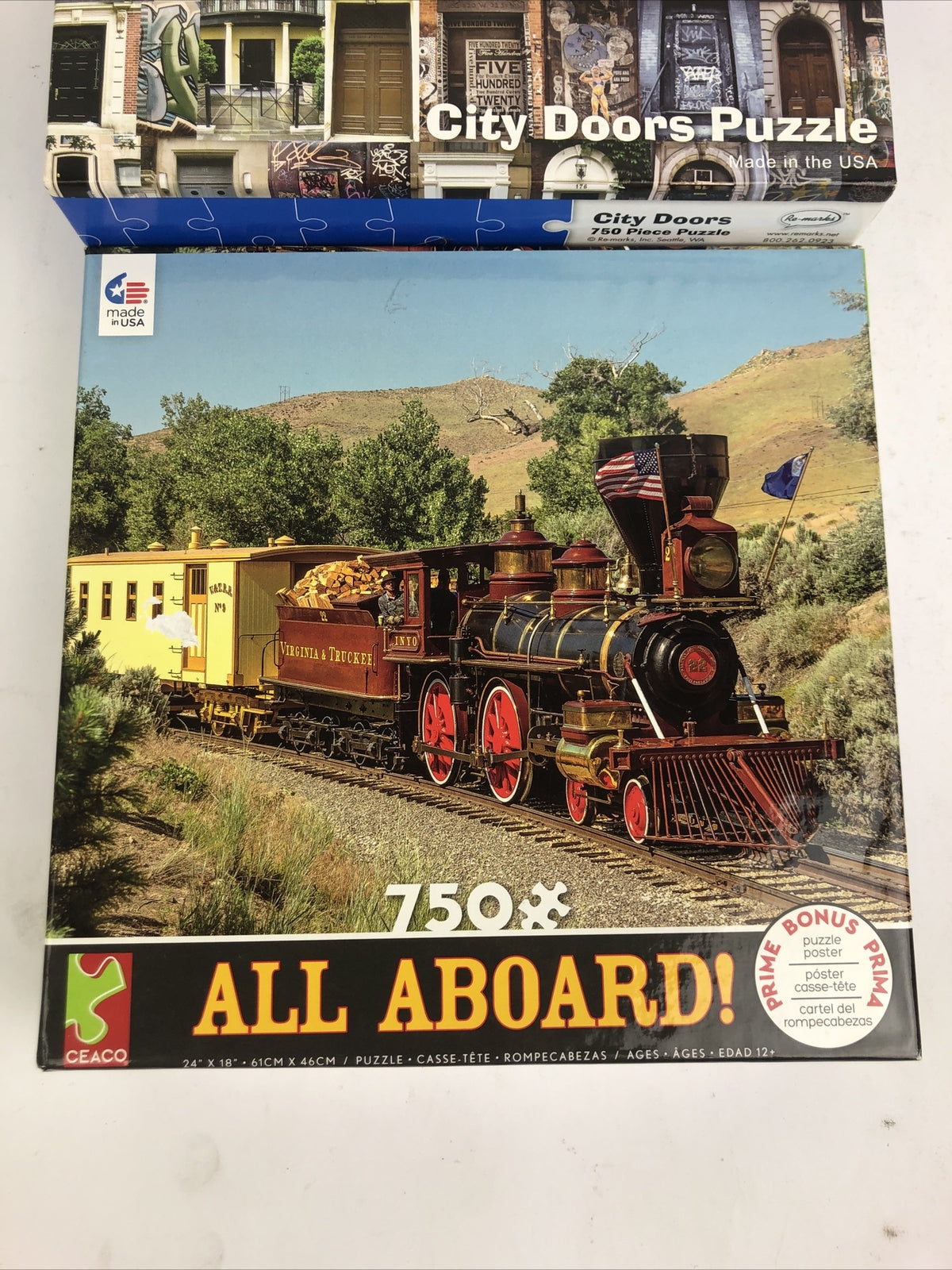 Lot of 2 x 750 Piece Puzzle Lot - Ceaco All Aboard Train, Re-Marks City Doors,