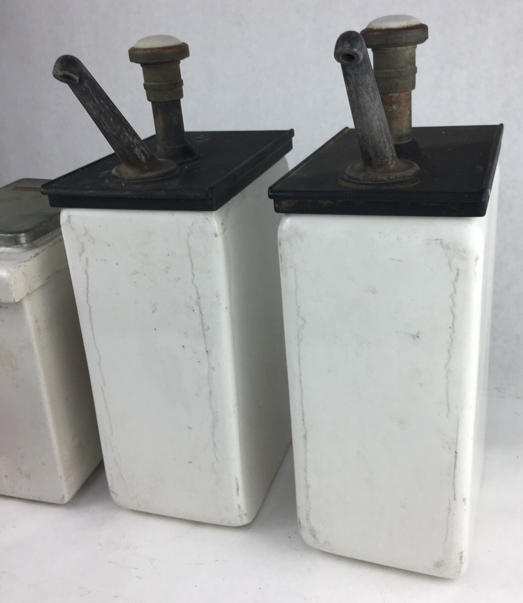 Vintage / Antique Porcelain Ice Cream Soda Fountain Topping Dispenser Lot RARE