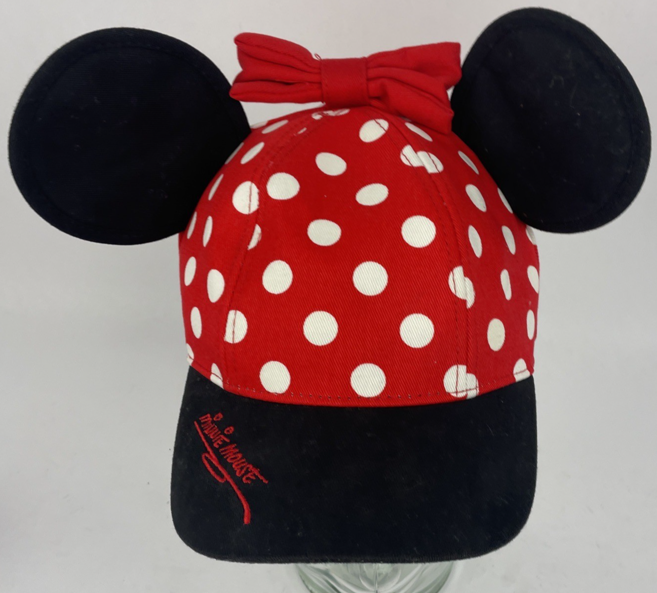 Minnie Mouse Bow Ears Cap Hat Womens OSFM Red w White Polka Dot Adjustable