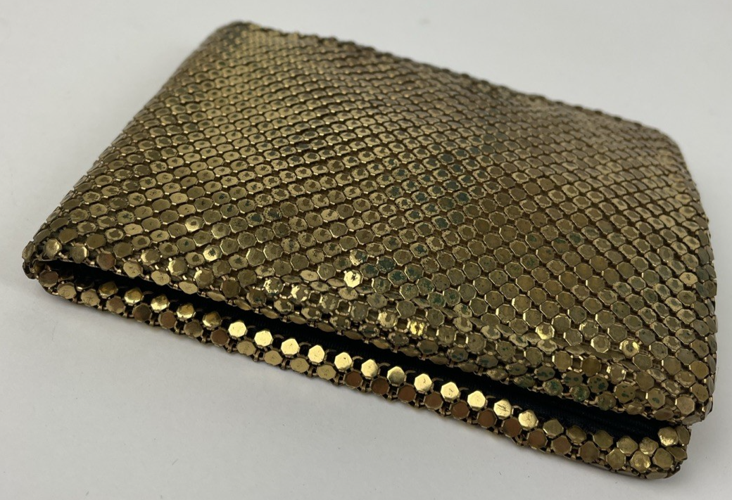 Vintage Whiting & Davis Gold Metal Mesh Chainmail Bi-fold Wallet MCM 1950s