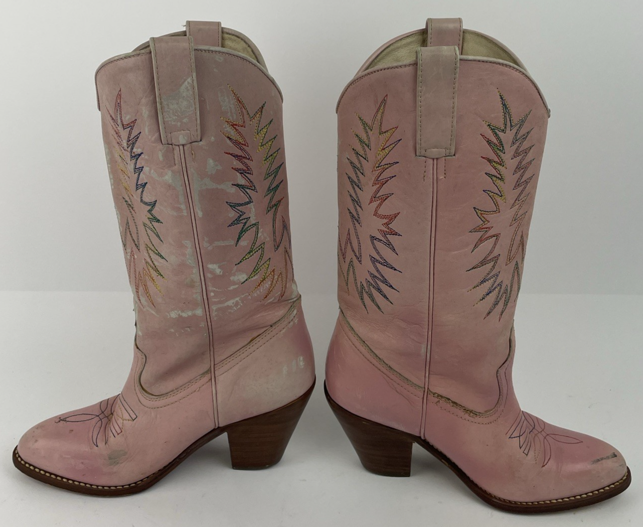 Samello for Circle Kane Cowboy Boots Pink w Rainbow embroidery Sz 7M Brazil Made