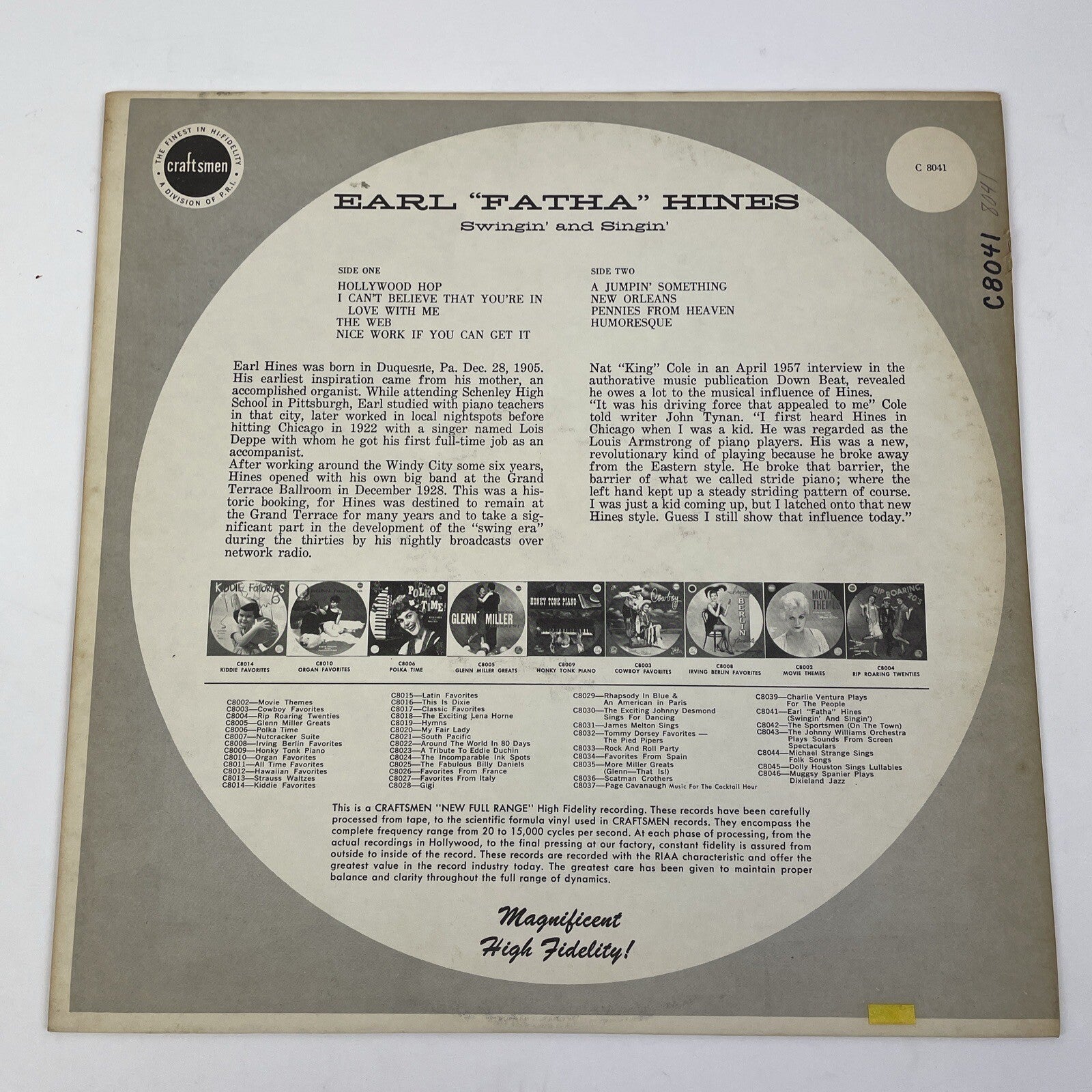 Earl Fatha Hines Swingin' 'n Singin' VINYL LP 1960 CRAFTSMEN RECORDS C-8401 VGC