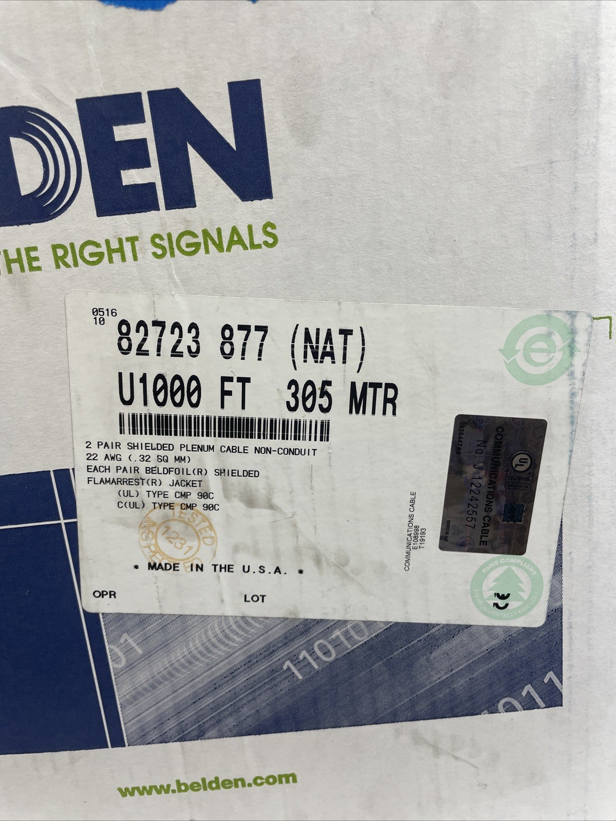 Belden 82723 877 (NAT) 900 ft , 2 Pairs, 22 AWG Shielded, Premium Cable NOS