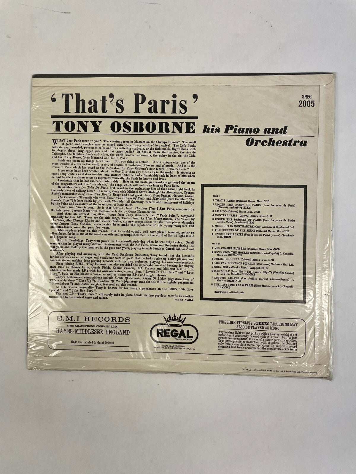 That's Paris Tony Osborne his Piano and Orchestra Mes Champs ElyseesVinyl Record