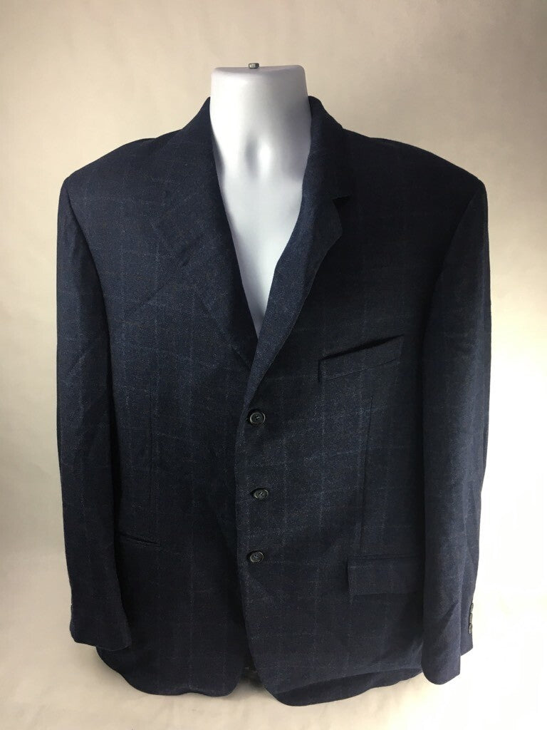 Faconnable Mens Suit Jacket Blue Windowpane Lined Notch Lapel Pockets Wool 44