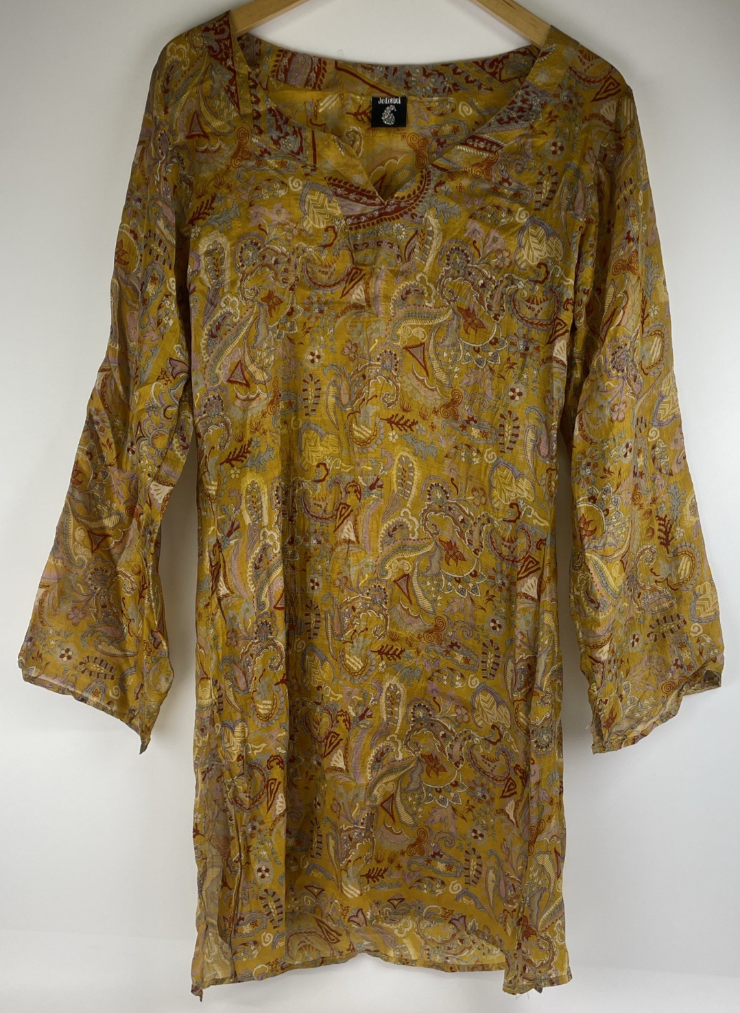Jeazebel MULTI COLOR Indian  SILK PRINT  KAFTAN Short Sheer DRESS Sz Small