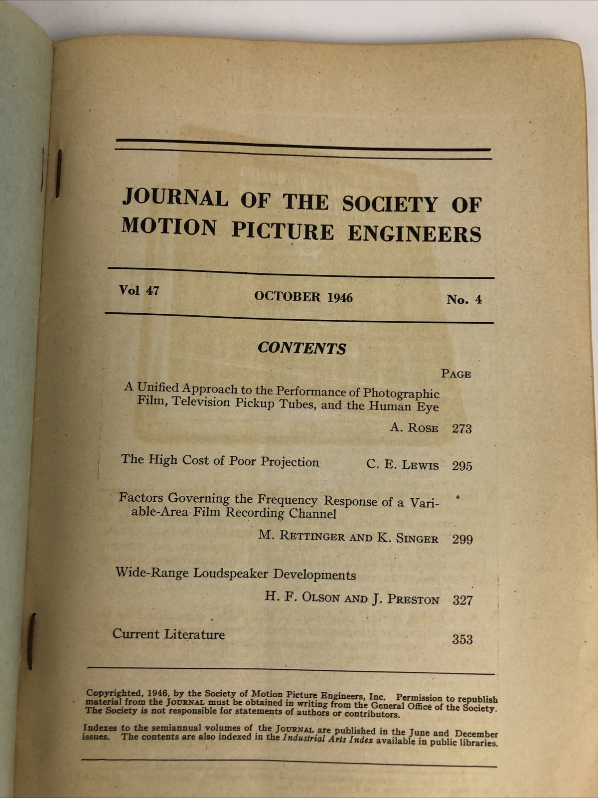 SMPE Journal Of The Society Of Motion Picture Engineers October 1946 VOL 47 No 4
