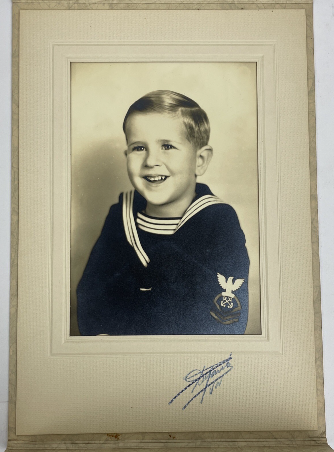 Antique Portrait Photo" Cute  Little Sailor Boy " 6.5" x 4.5" In Frame Card B&W