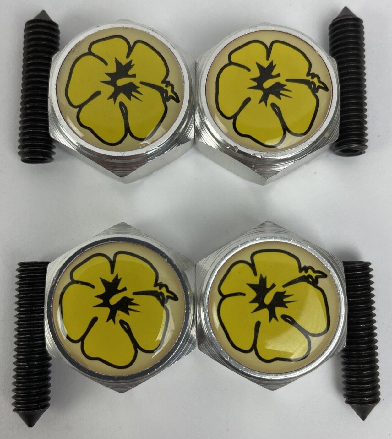 4 Yellow FLOWER License Plate Frame BOLTS Screws Caps CAR TRUCK SUV BOAT RV