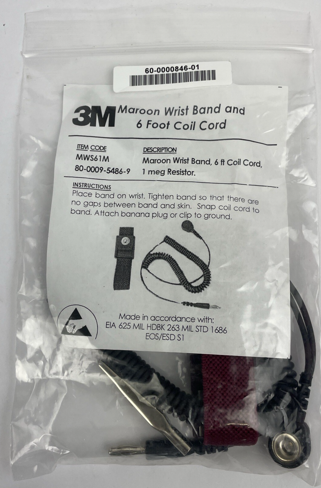 3M Maroon Anti Static Wrist Band and 6' Coil Cord 1 Meg Resistor Brand New