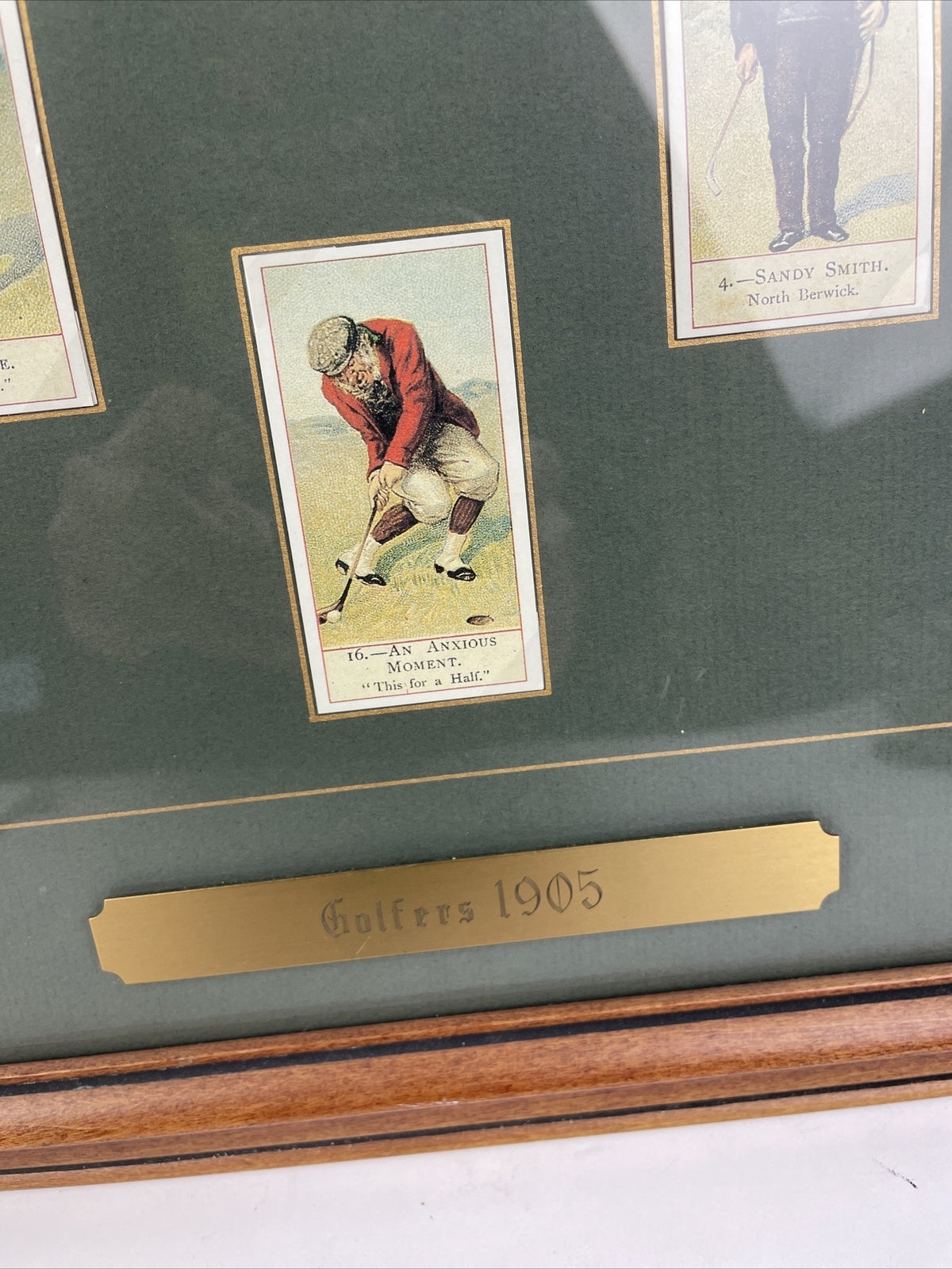 Framed and matted collection of 18 vintage style cigar tobacco golf trading cards with historical information display artwork collectible memorabilia