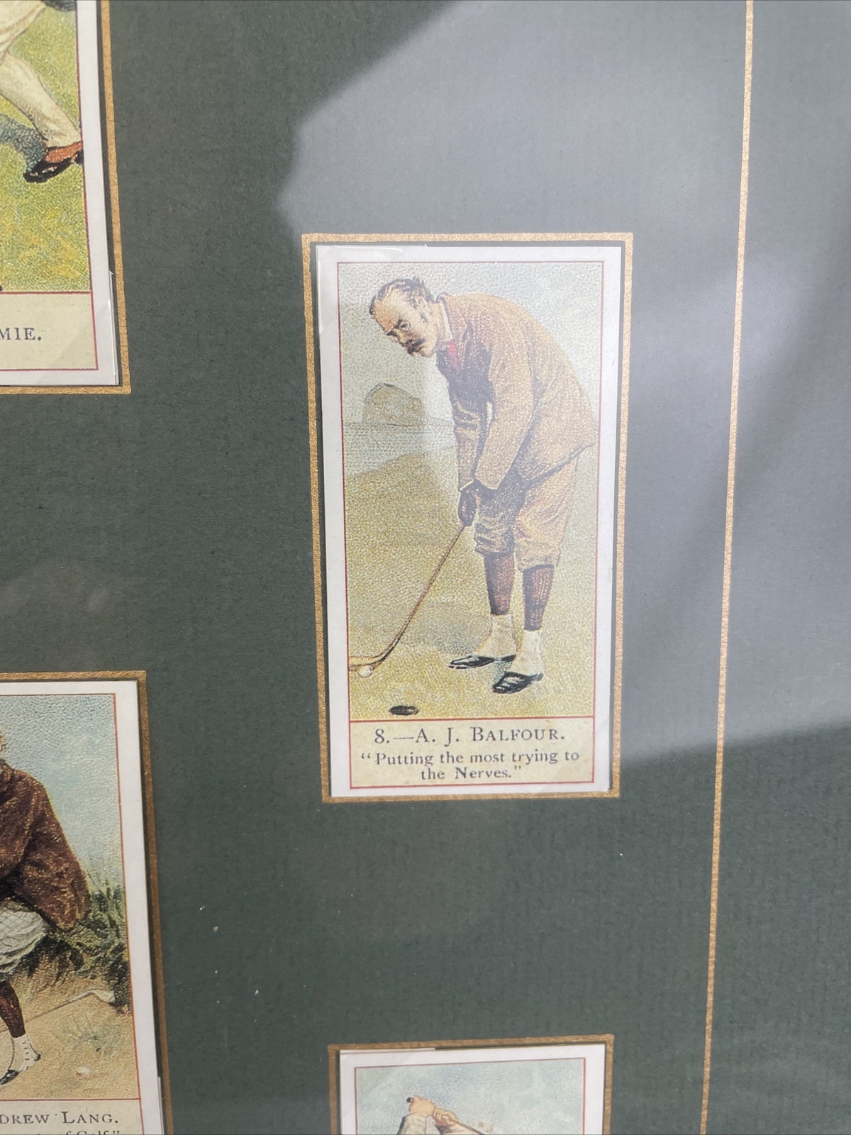 Framed and matted collection of 18 vintage style cigar tobacco golf trading cards with historical information display artwork collectible memorabilia