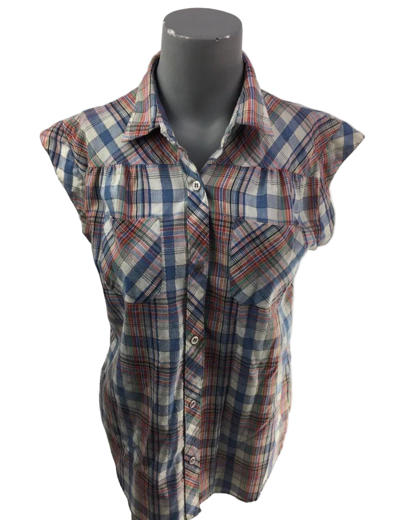 Ricki Miss Erika Womens Button Up Shirt Blue Red Plaid Cap Sleeves Pockets Top S