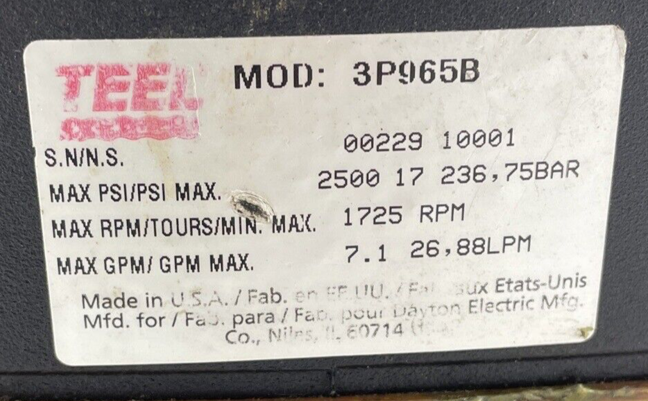 OEM Teel Plunger Pump Model 3P965B - 1725 RPM - 7.1 GPM MAXIMUM - VGC