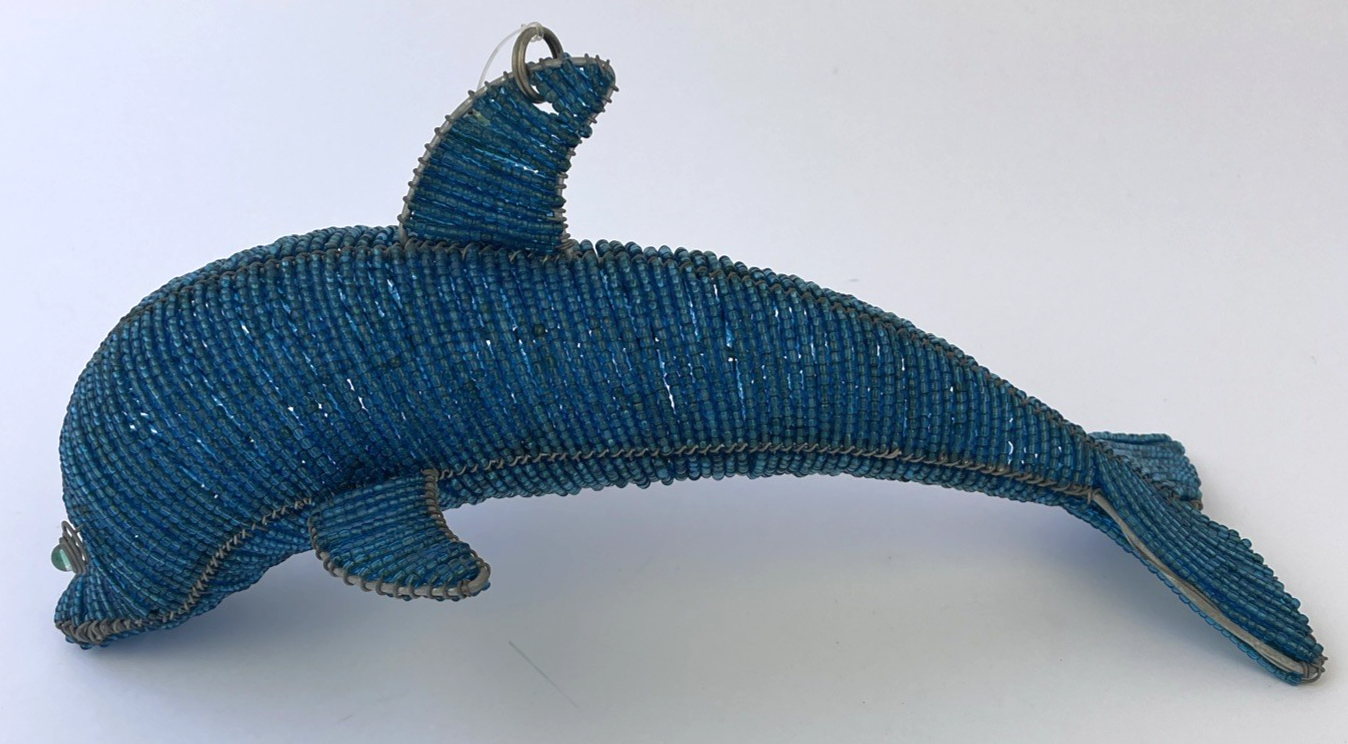 Dolphin Porpoise Beautiful Blue Bead Beaded Hanging HAND Made By Beadworx 12"